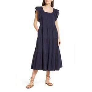 Madewell Navy Blue Ruffle Flutter Sleeve Smocked Tiered A Line Midi Dress Size S